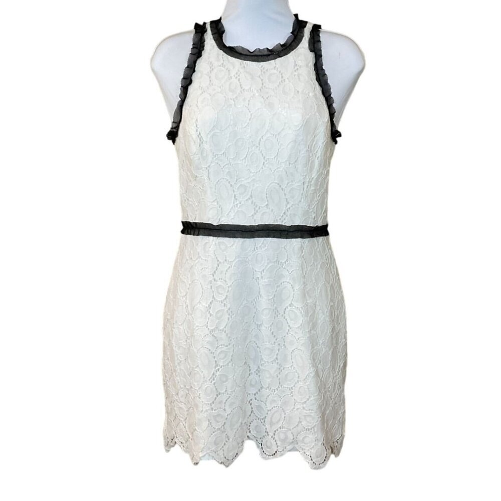 Milly Sleeveless White Lace Dress Black Tulle Trim Exposed Zipper Mini Dress 6